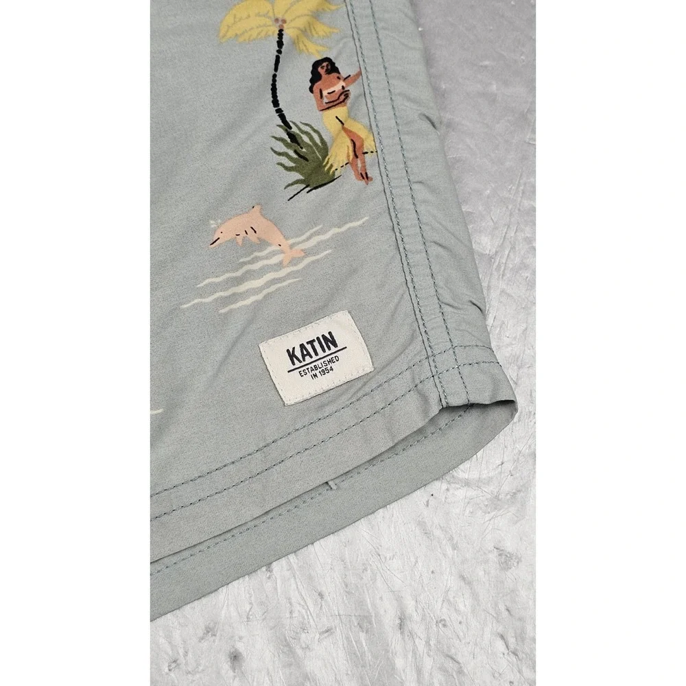 Katin Swim Trunks Mens M Green Hula Girl Mesh Lined Pocket Surf Beachwear Shorts